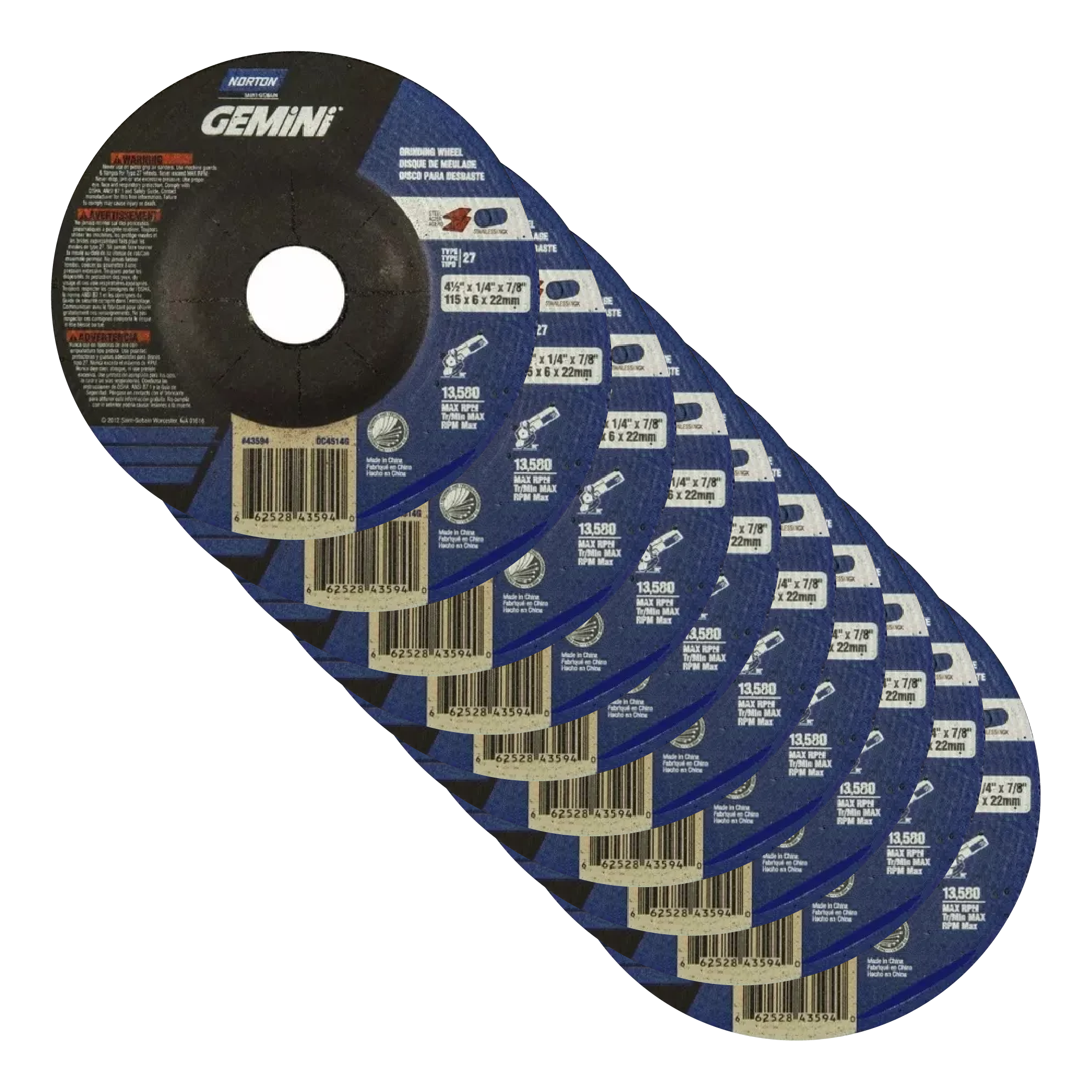 10 Discos Desbaste 4-1/2" x 1/4" x 7/8" Norton